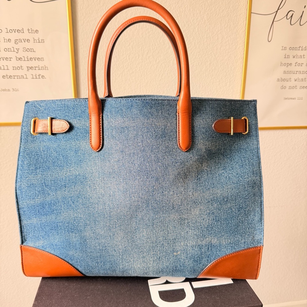 Ralph Lauren Women Devyn Denim with Leather Trim Extra-Large Tote Bag - Picture 2 of 16